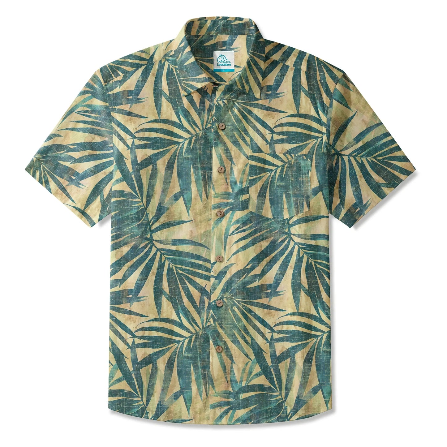 LeosWare® Men's Hawaiian Shirt Short Sleeve Button-up 100% Cotton Green Aloha Vintage Palm