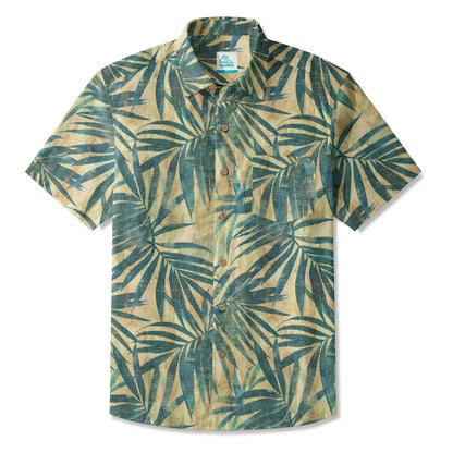 LeosWare® Men's Hawaiian Shirt Short Sleeve Button-up 100% Cotton Green Aloha Vintage Palm