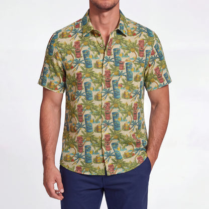 LeosWare® Men's Hawaiian Shirt Short Sleeve Button-up 100% Cotton Green Aloha Tiki's Coconut Island Carnival