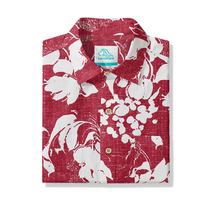 LeosWare® Flower Men's Hawaiian Shirt Short Sleeve Button-up 100% Cotton Red Aloha Crimson Blossom Harmony