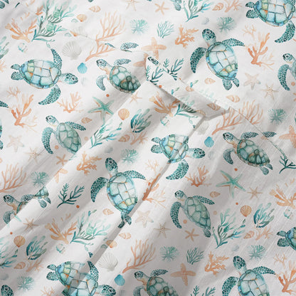 LeosWare® Men's Hawaiian Shirt Short Sleeve Button-up 100% Cotton Blue Aloha Coral Wonderland Of The Sea Turtle