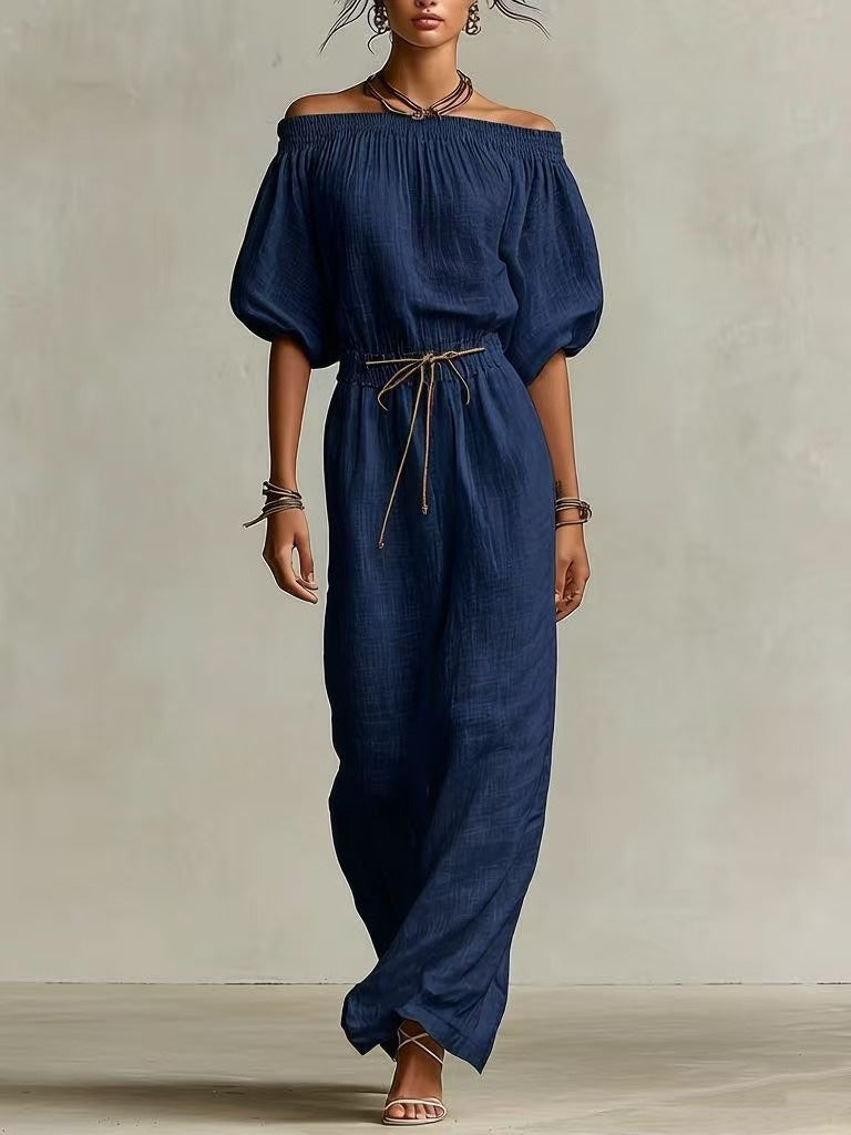 Women's Linen Pants Suit – Solid Color Lantern Sleeve Set
