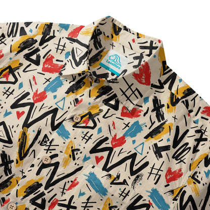 LeosWare® Men's Hawaiian Shirt Short Sleeve Button-up 100% Cotton Beige Aloha Graffiti Impressions