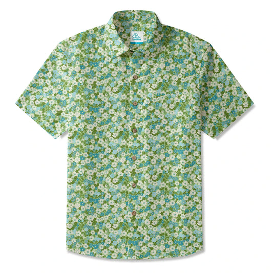 LeosWare® Flower Men's Hawaiian Shirt Short Sleeve Button-up 100% Cotton Green Aloha Fresh Blooms