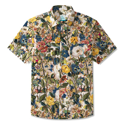 LeosWare® Men's Hawaiian Shirt Short Sleeve Button-up 100% Cotton Green Aloha Impressionist Floral Art