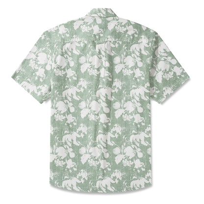LeosWare® Flower Men's Hawaiian Shirt Short Sleeve Button-up 100% Cotton Green Aloha Verdant Memoirs