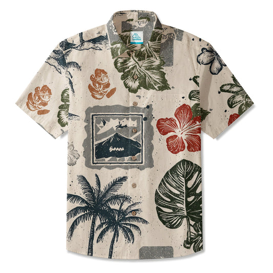 LeosWare® Men's Hawaiian Shirt Short Sleeve Button-up Breathable & Quick-Dry Aloha Island Icons