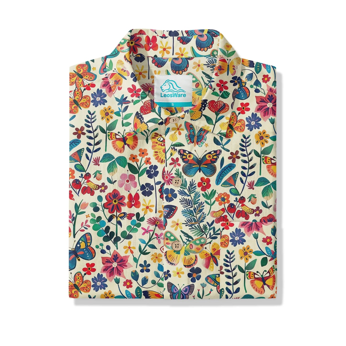 LeosWare® Men's Hawaiian Shirt Short Sleeve Button-up 100% Cotton Beige Aloha Butterfly Whispers In Full Bloom
