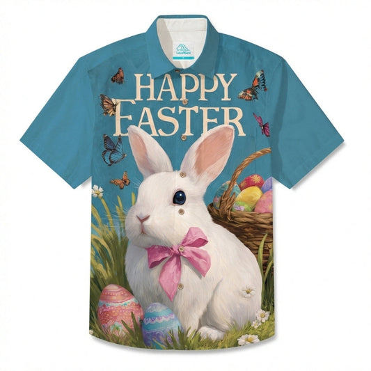 LeosWare® Men's Hawaiian Shirt Short Sleeve Button-up Breathable & Quick-Dry Aloha Easter Egg Garden Bunny