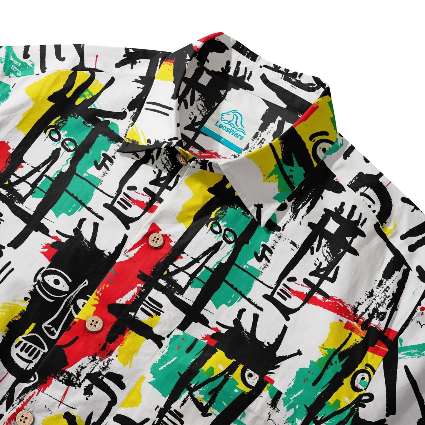LeosWare® Men's Hawaiian Shirt Short Sleeve Button-up 100% Cotton White Aloha Quirky Face Doodles