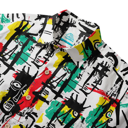 LeosWare® Men's Hawaiian Shirt Short Sleeve Button-up 100% Cotton White Aloha Quirky Face Doodles