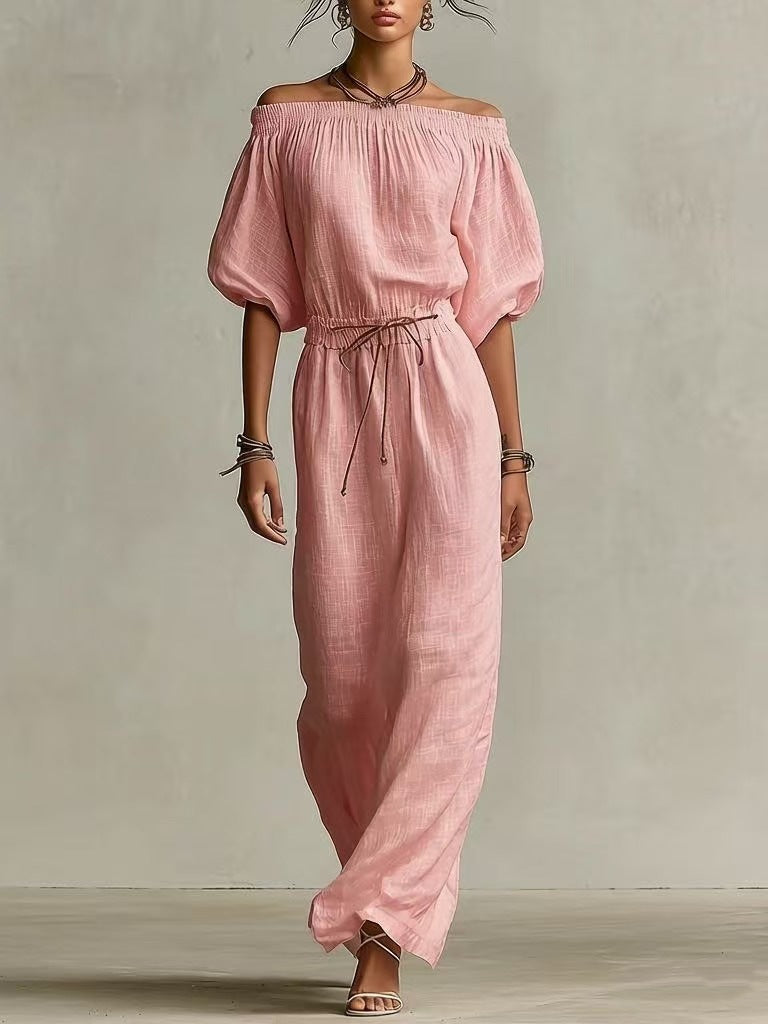 Women's Linen Pants Suit – Solid Color Lantern Sleeve Set