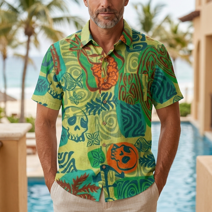 LeosWare® Men's Hawaiian Shirt Short Sleeve Button-up Breathable & Quick-Dry Aloha Skull Tiki