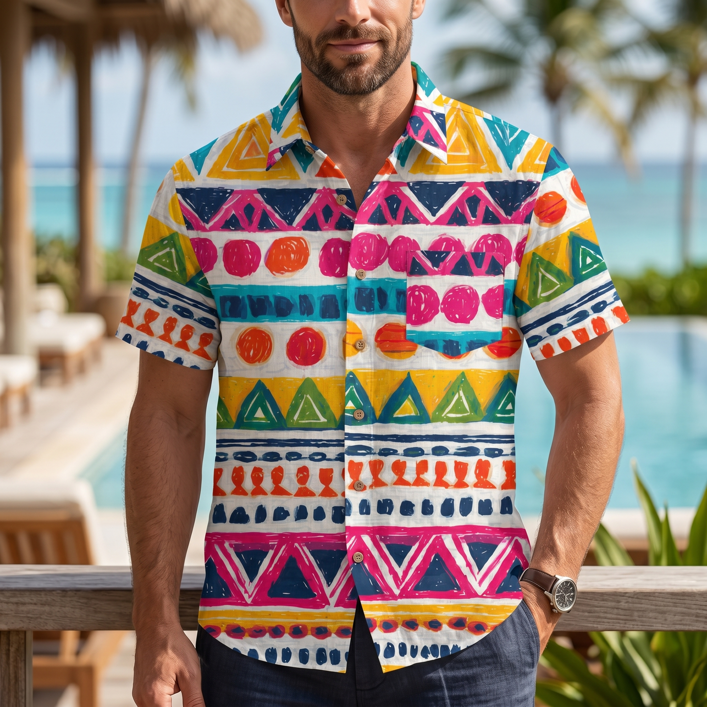 LeosWare® Men's Hawaiian Shirt Short Sleeve Button-up 95% Polyester, 5% Spandex Aloha Boho Riot