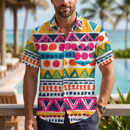 LeosWare® Men's Hawaiian Shirt Short Sleeve Button-up 95% Polyester, 5% Spandex Aloha Boho Riot