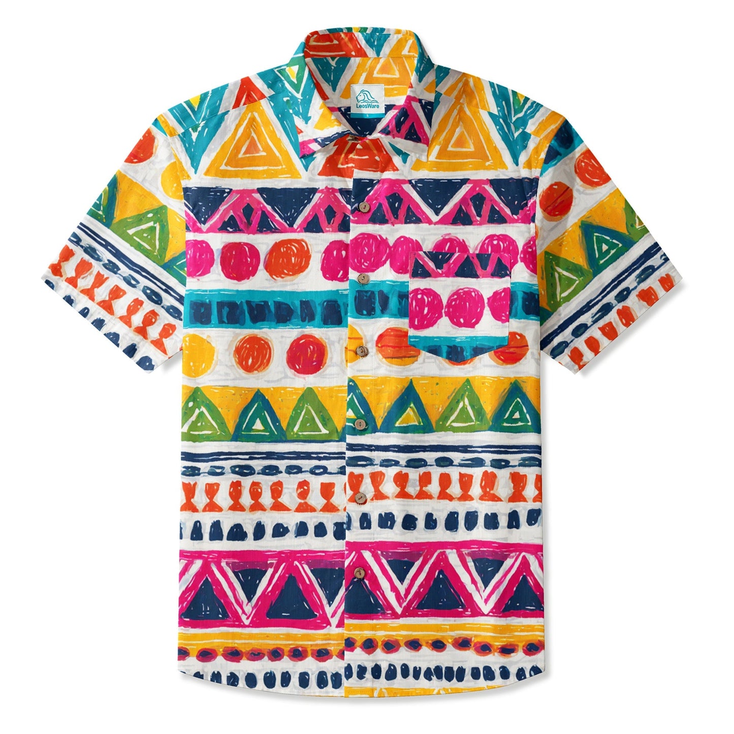 LeosWare® Men's Hawaiian Shirt Short Sleeve Button-up 95% Polyester, 5% Spandex Aloha Boho Riot