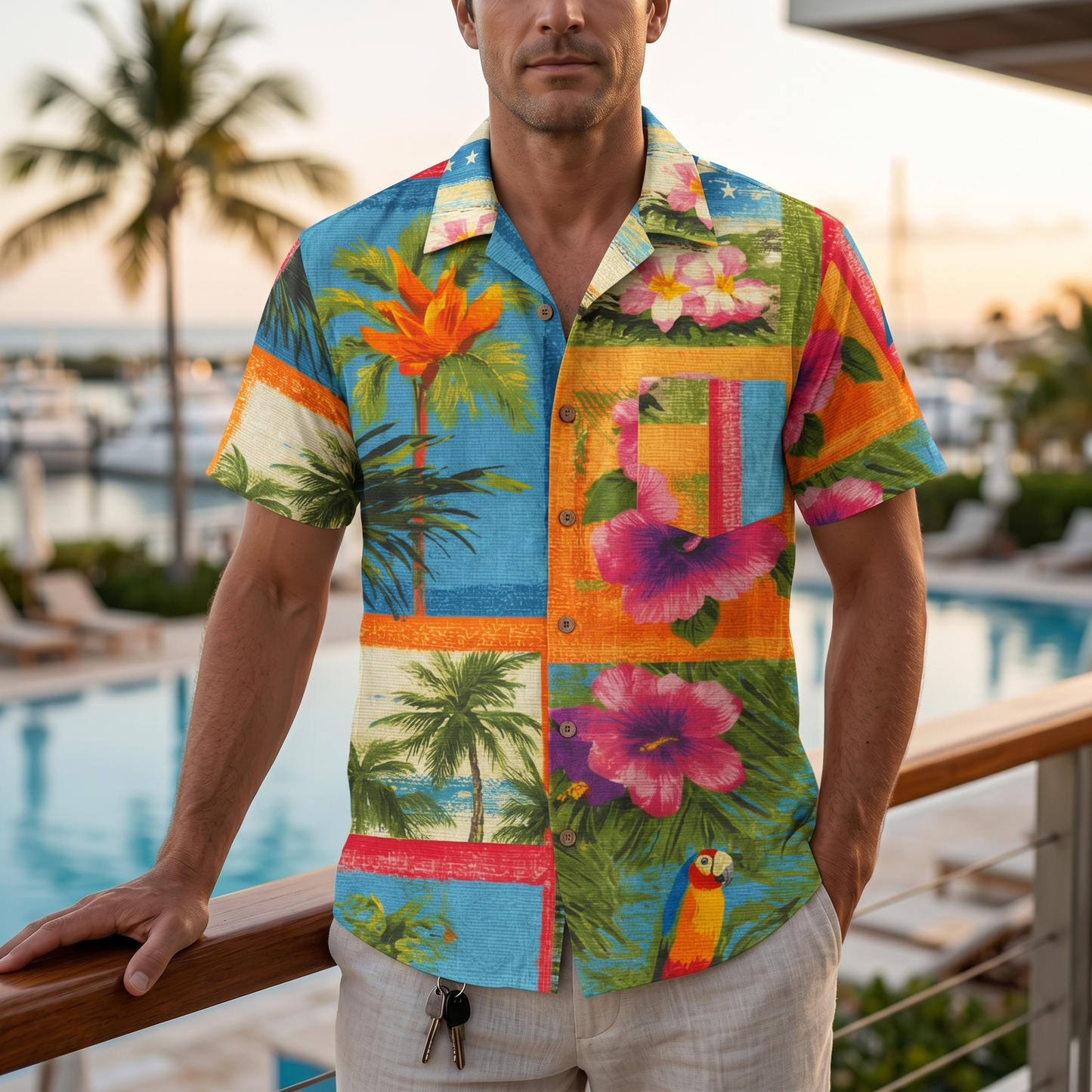 LeosWare® Men's Hawaiian Shirt Short Sleeve Button-up 95% Polyester, 5% Spandex Aloha Mosaic Paradise