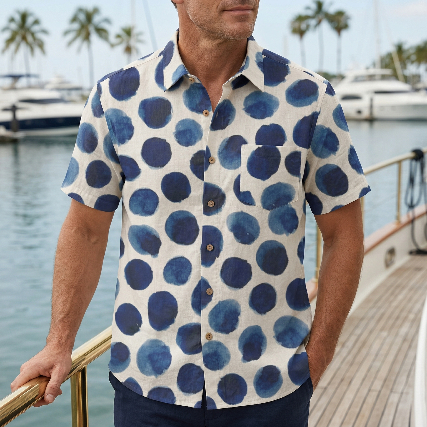 LeosWare® Men's Hawaiian Shirt Short Sleeve Button-up 95% Polyester, 5% Spandex Aloha Ink Dots