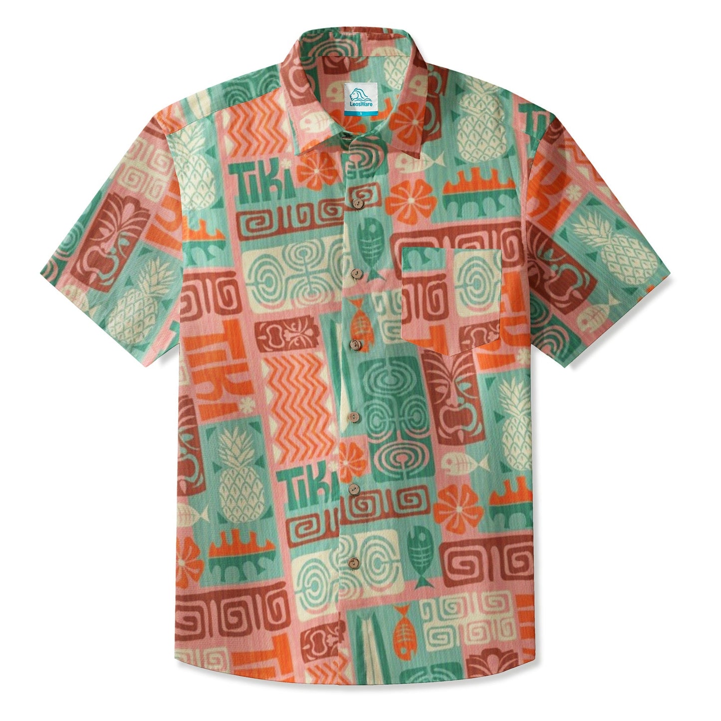LeosWare® Men's Hawaiian Shirt Short Sleeve Button-up Breathable & Quick-Dry Aloha Tikii Tiles