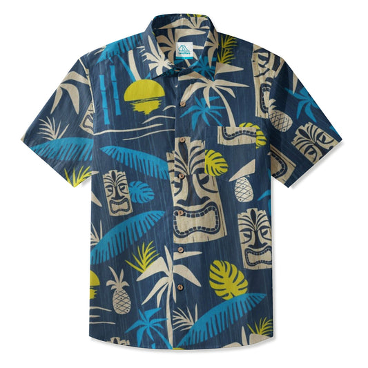 LeosWare® Men's Hawaiian Shirt Short Sleeve Button-up 95% Polyester, 5% Spandex Aloha Tiki Pulse
