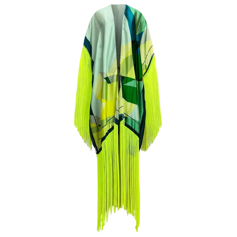 Tasseled Kimono Cover Up – Neon Tropical Oasis Beach Wrap