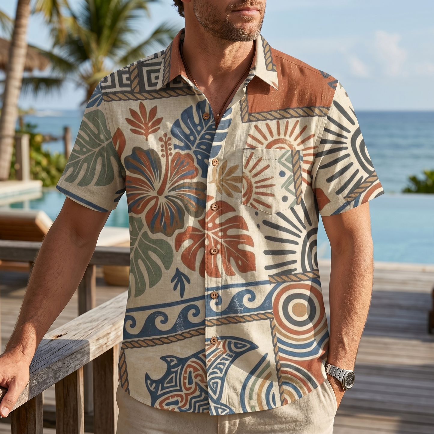 LeosWare® Men's Hawaiian Shirt Short Sleeve Button-up 95% Polyester, 5% Spandex Aloha Tropical Blend