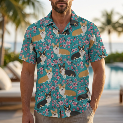 LeosWare® Men's Hawaiian Shirt Short Sleeve Button-up Breathable & Quick-Dry Aloha Corgi Blossom