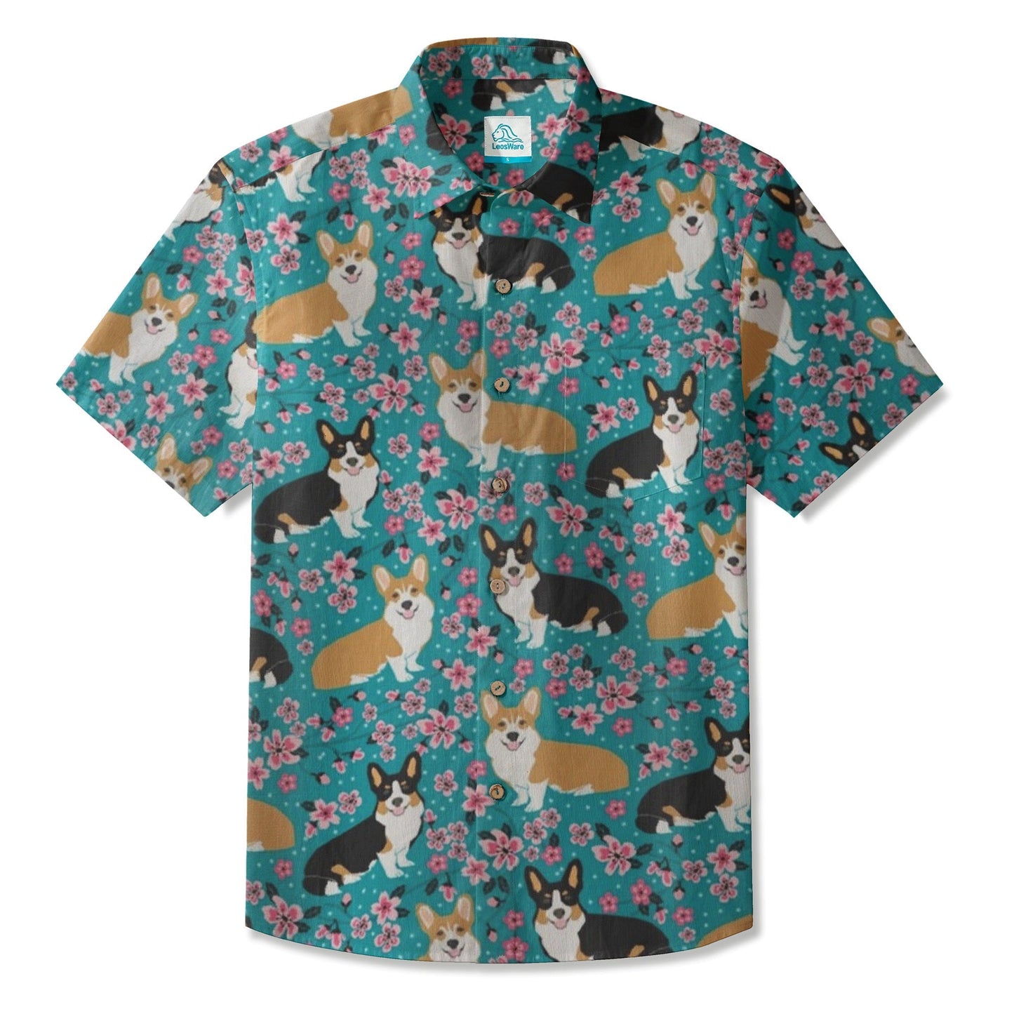 LeosWare® Men's Hawaiian Shirt Short Sleeve Button-up Breathable & Quick-Dry Aloha Corgi Blossom