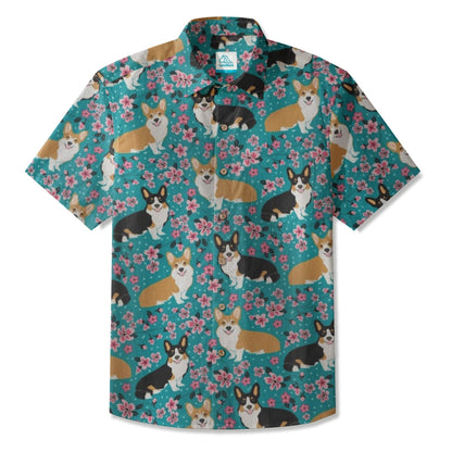 LeosWare® Men's Hawaiian Shirt Short Sleeve Button-up Breathable & Quick-Dry Aloha Corgi Blossom