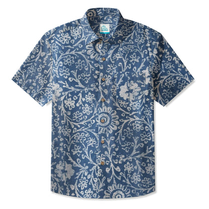 LeosWare® Men's Hawaiian Shirt Short Sleeve Button-up 95% Polyester, 5% Spandex Aloha Indigo Bloom