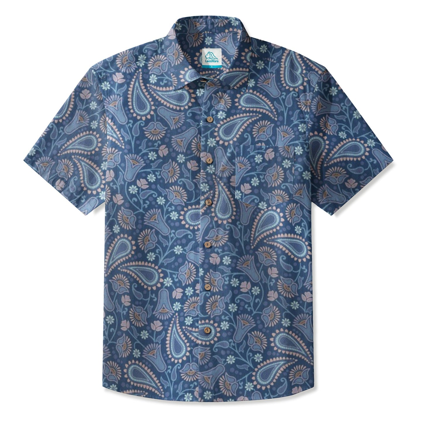 LeosWare® Men's Hawaiian Shirt Short Sleeve Button-up 95% Polyester, 5% Spandex Aloha Indigo Dust