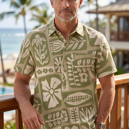 LeosWare® Men's Hawaiian Shirt Short Sleeve Button-up 95% Polyester, 5% Spandex Aloha Herb Mosaic