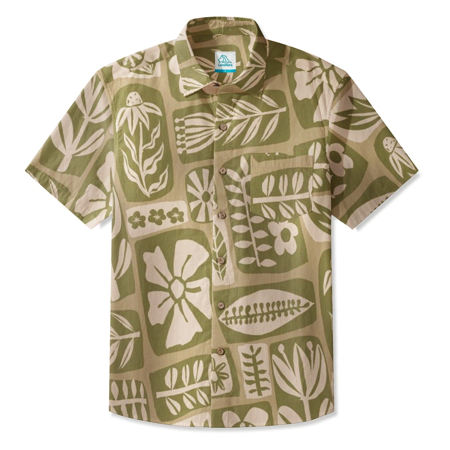 LeosWare® Men's Hawaiian Shirt Short Sleeve Button-up 95% Polyester, 5% Spandex Aloha Herb Mosaic
