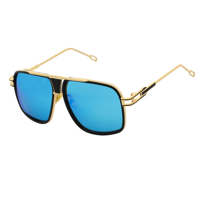 MAC - Two-Tone Square Metal Aviator Black-Gold  Sunglasses Blue Mirror Lens