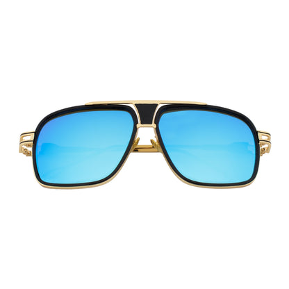 MAC - Two-Tone Square Metal Aviator Black-Gold  Sunglasses Blue Mirror Lens