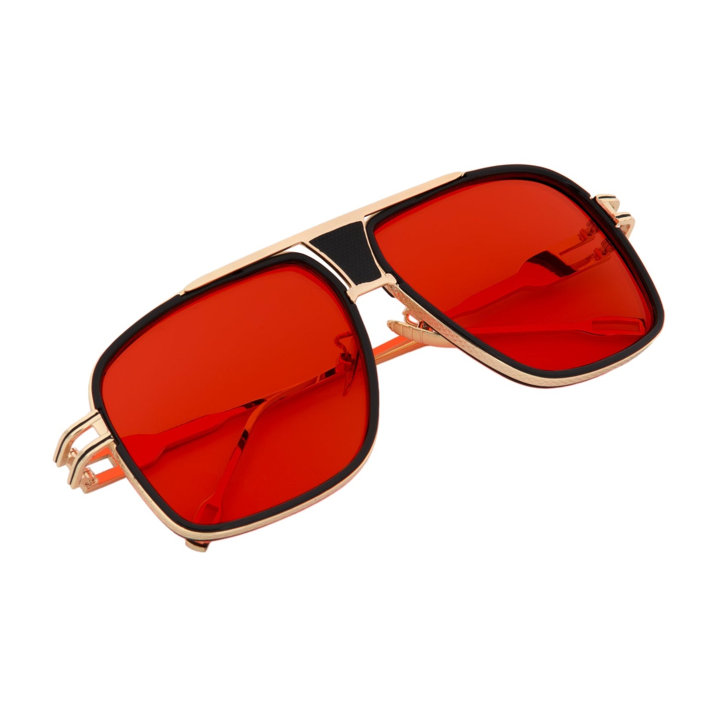 MAC - Two-Tone Square Metal Aviator Black-Gold Sunglasses Red Lens