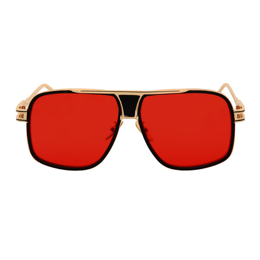 MAC - Two-Tone Square Metal Aviator Black-Gold Sunglasses Red Lens