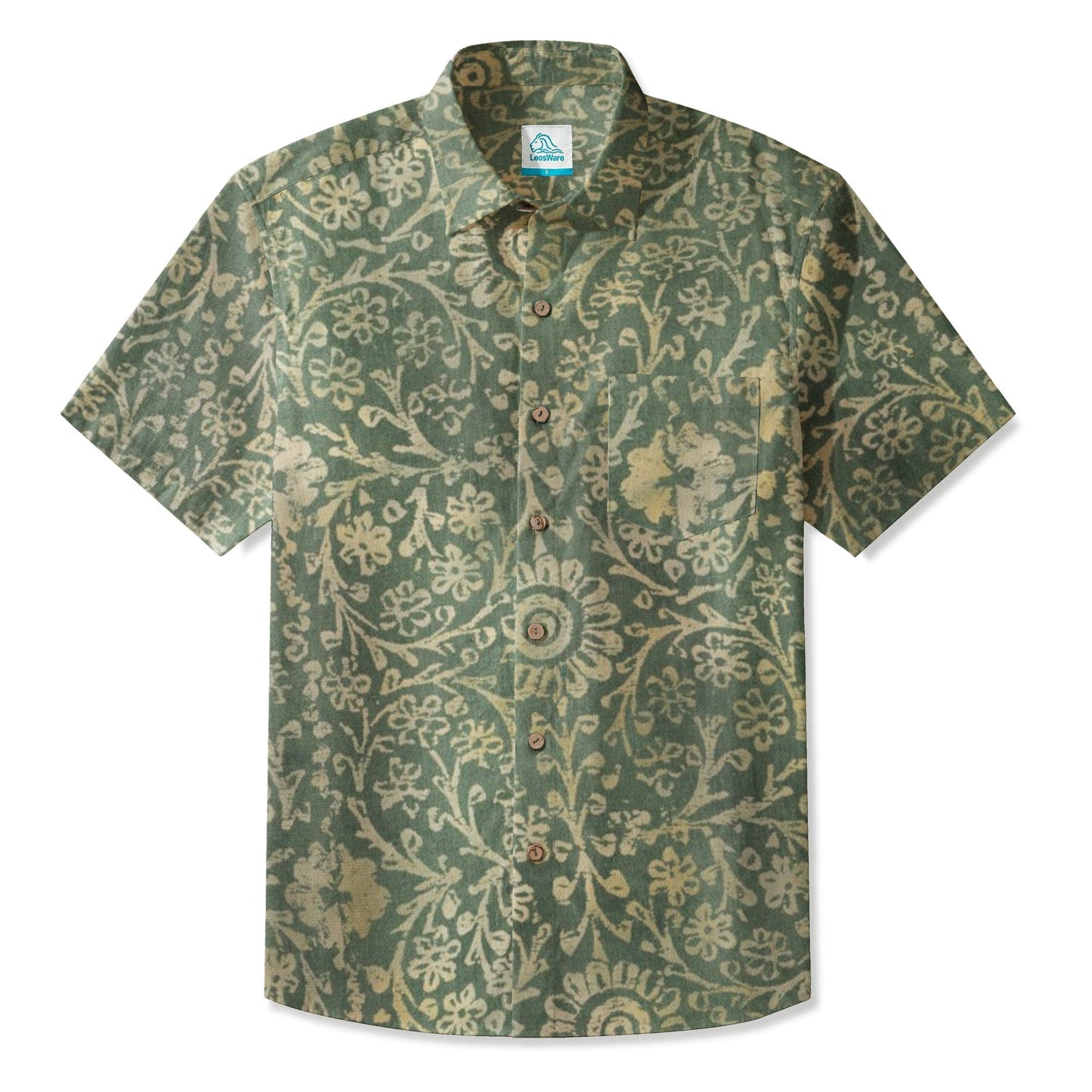 LeosWare® Men's Hawaiian Shirt Short Sleeve Button-up 95% Polyester, 5% Spandex Aloha Mossfield