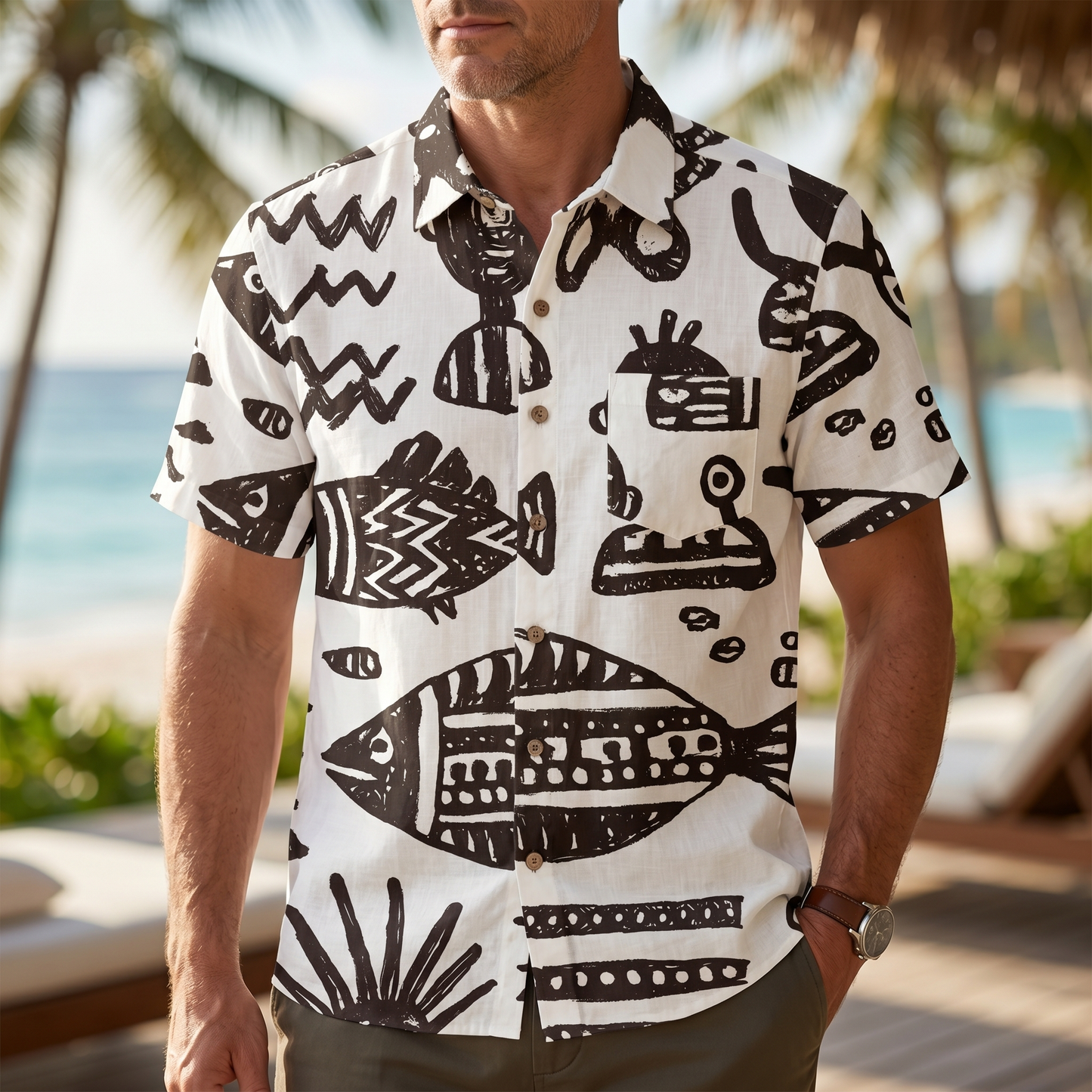 LeosWare® Men's Hawaiian Shirt Short Sleeve Button-up 95% Polyester, 5% Spandex Aloha Ink Tides
