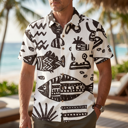 LeosWare® Men's Hawaiian Shirt Short Sleeve Button-up 95% Polyester, 5% Spandex Aloha Ink Tides