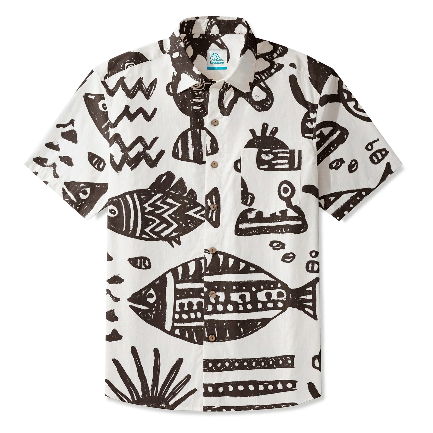 LeosWare® Men's Hawaiian Shirt Short Sleeve Button-up 95% Polyester, 5% Spandex Aloha Ink Tides