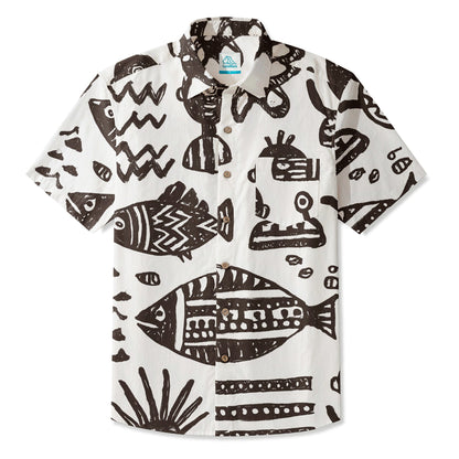 LeosWare® Men's Hawaiian Shirt Short Sleeve Button-up 95% Polyester, 5% Spandex Aloha Ink Tides
