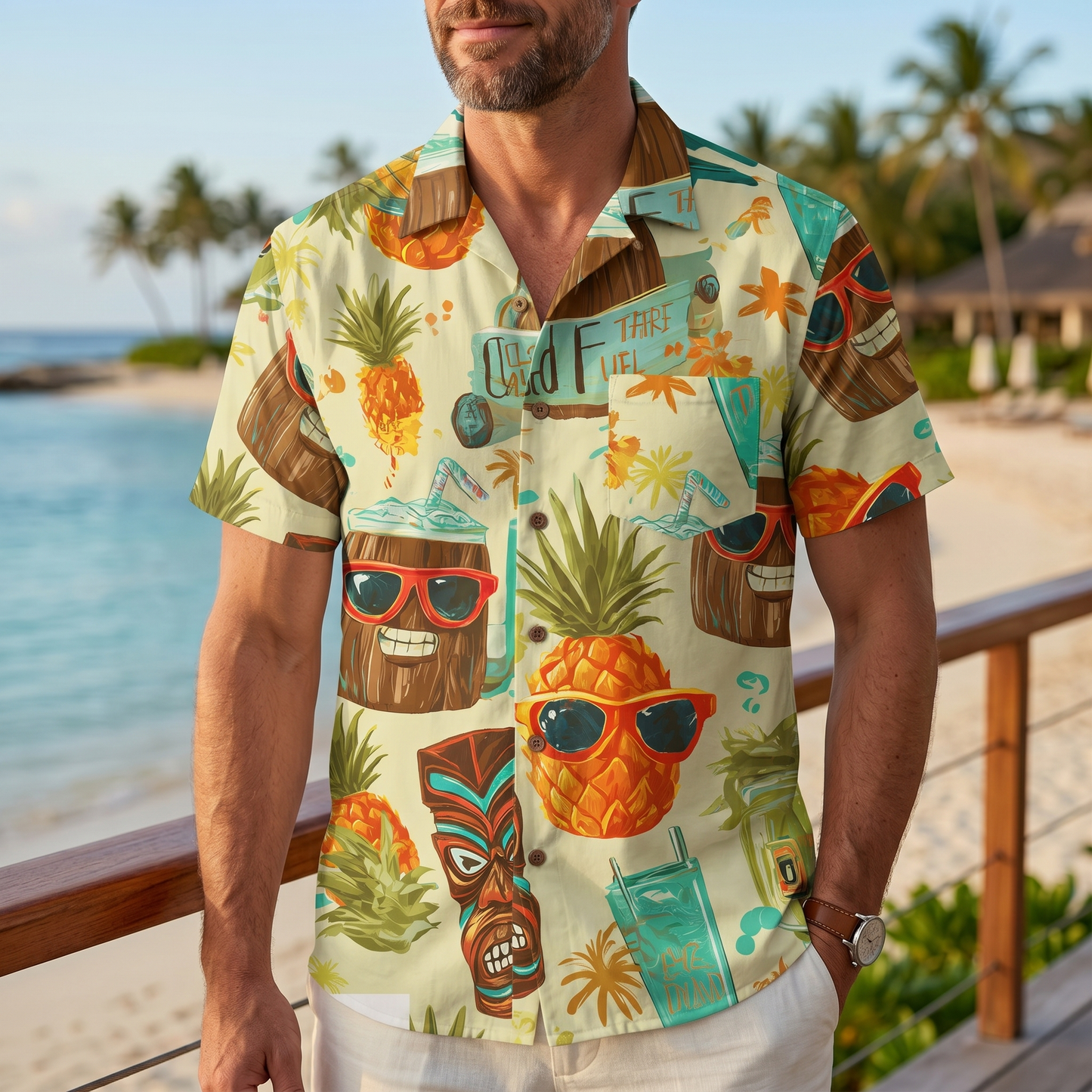 LeosWare® Men's Hawaiian Shirt Short Sleeve Button-up 95% Polyester, 5% Spandex Aloha Tiki Splash