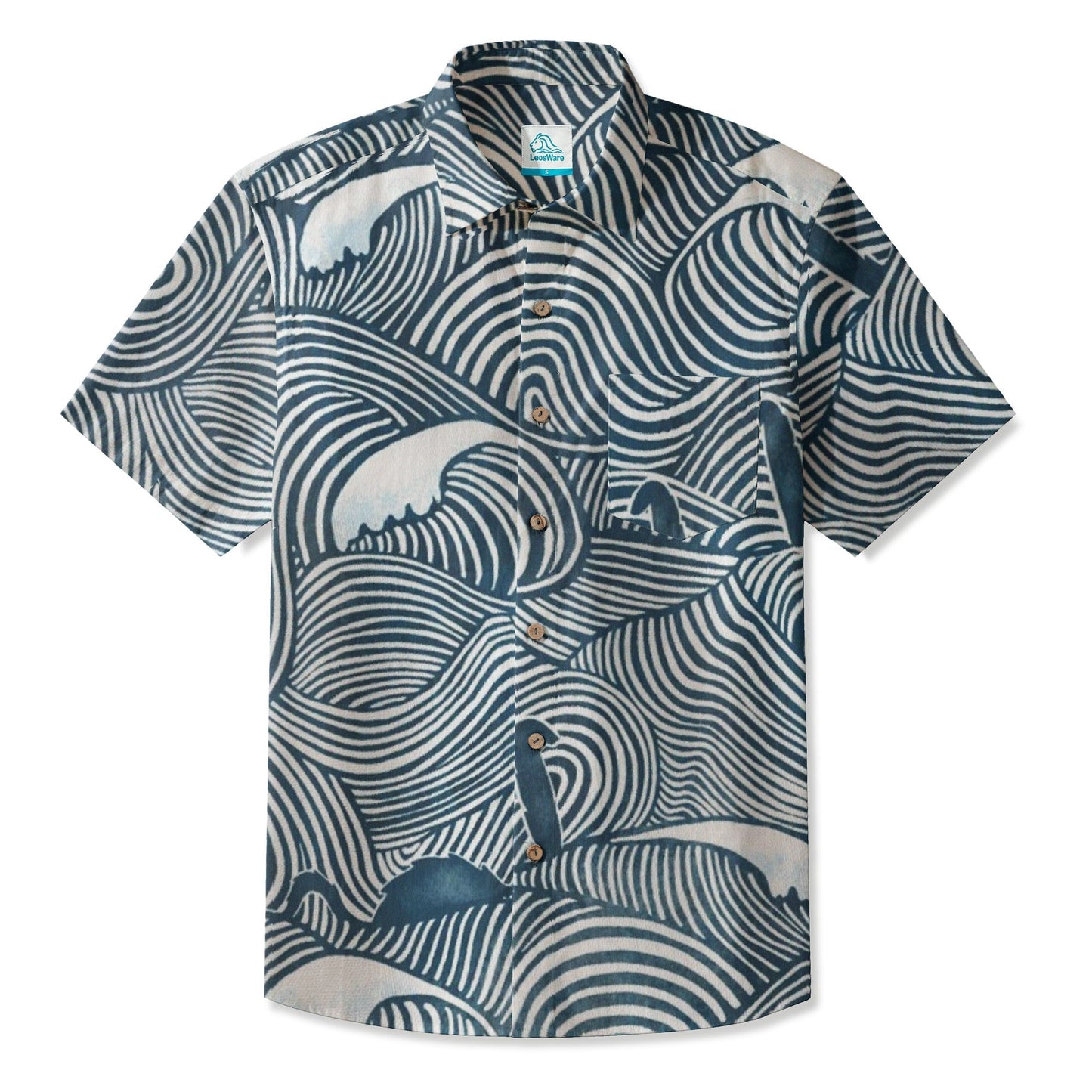 LeosWare® Men's Hawaiian Shirt Short Sleeve Button-up 95% Polyester, 5% Spandex Aloha Tidal Flow