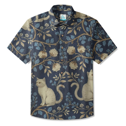 LeosWare® Men's Hawaiian Shirt Short Sleeve Button-up Breathable & Quick-Dry Aloha Ivory Cats