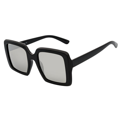QUAD - Retro Modern Oversize Square Black Sunglasses Silver Mirror Lens