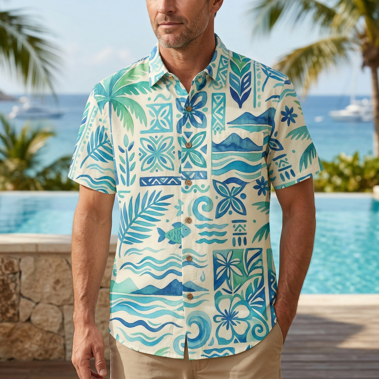 LeosWare® Men's Hawaiian Shirt Short Sleeve Button-up 95% Polyester, 5% Spandex Aloha Sea Blossom