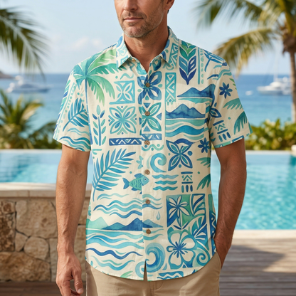 LeosWare® Men's Hawaiian Shirt Short Sleeve Button-up 95% Polyester, 5% Spandex Aloha Sea Blossom