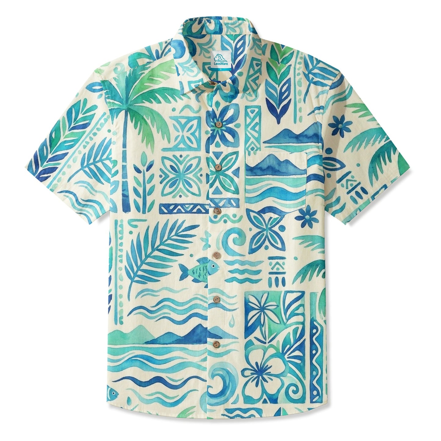 LeosWare® Men's Hawaiian Shirt Short Sleeve Button-up 95% Polyester, 5% Spandex Aloha Sea Blossom