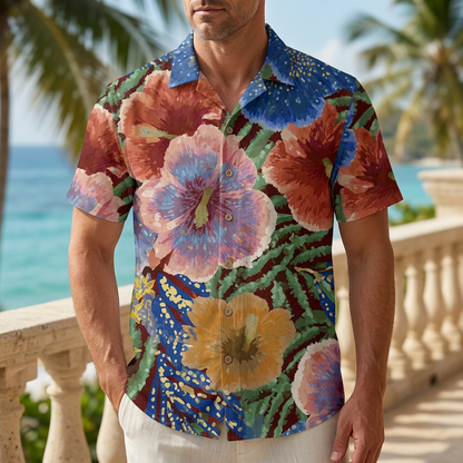LeosWare® Men's Hawaiian Shirt Short Sleeve Button-up Breathable & Quick-Dry Aloha Scarlet Oasis